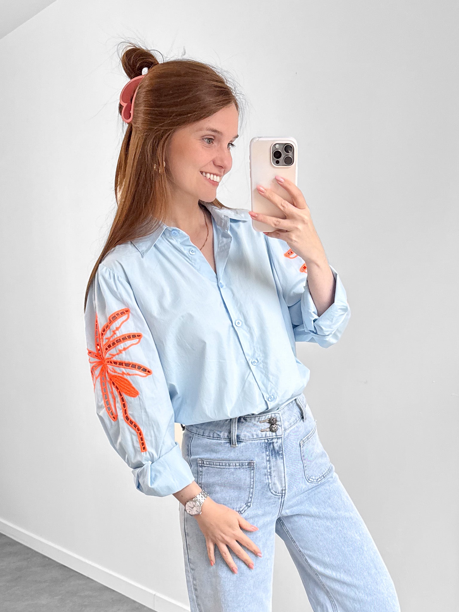 Blouse Palm blauw/oranje